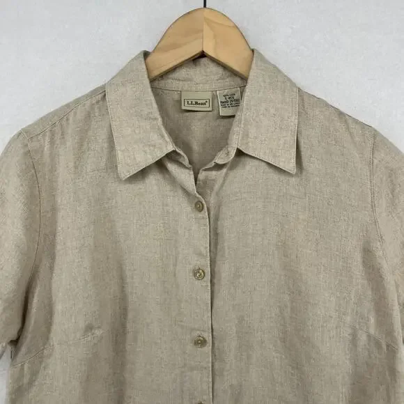 LL BEAN Shirt Womens S Washable Linen Button Up Short Sleeve Woven Beige - Picture 4 of 12